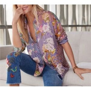 Johnny Was Blouse XS Cathron Mingle Multi 100% Silk Nubohemian
